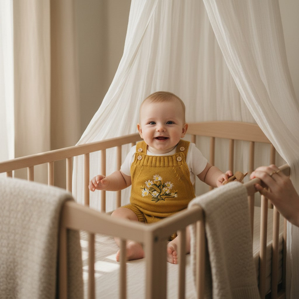 Baby in a yellow romper sitting in a crib with white curtains in the background
