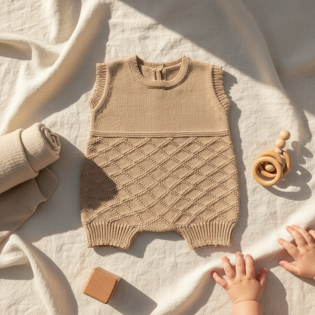 Beige knitted baby romper on a light fabric background with wooden toys and blocks.