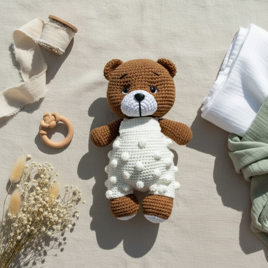 Nuvinokids Handgehaakte Beer Knuffel met Gebreide Tuinbroek van 100% Katoen