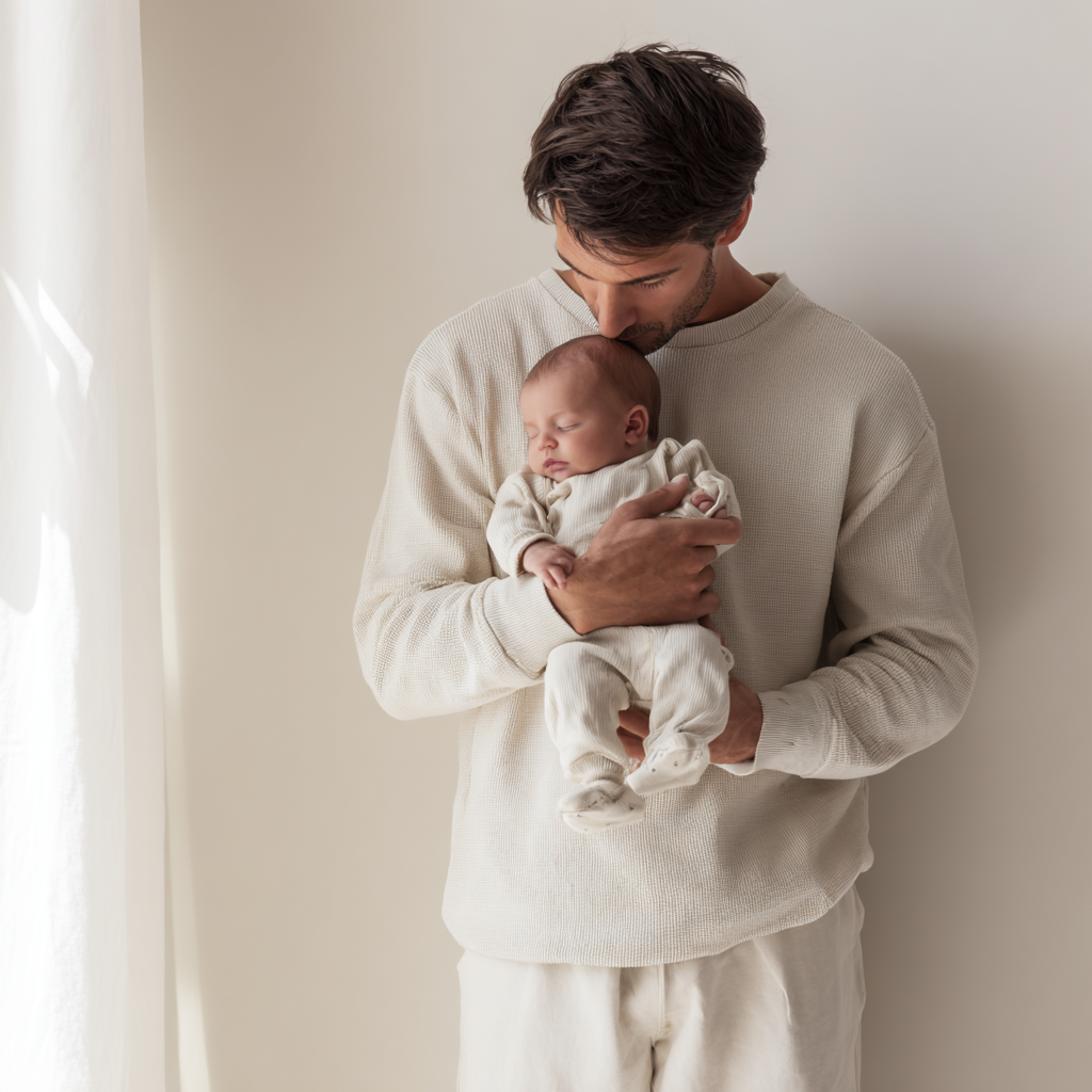 Vader houdt pasgeboren baby vast in zachte neutrale babykleding