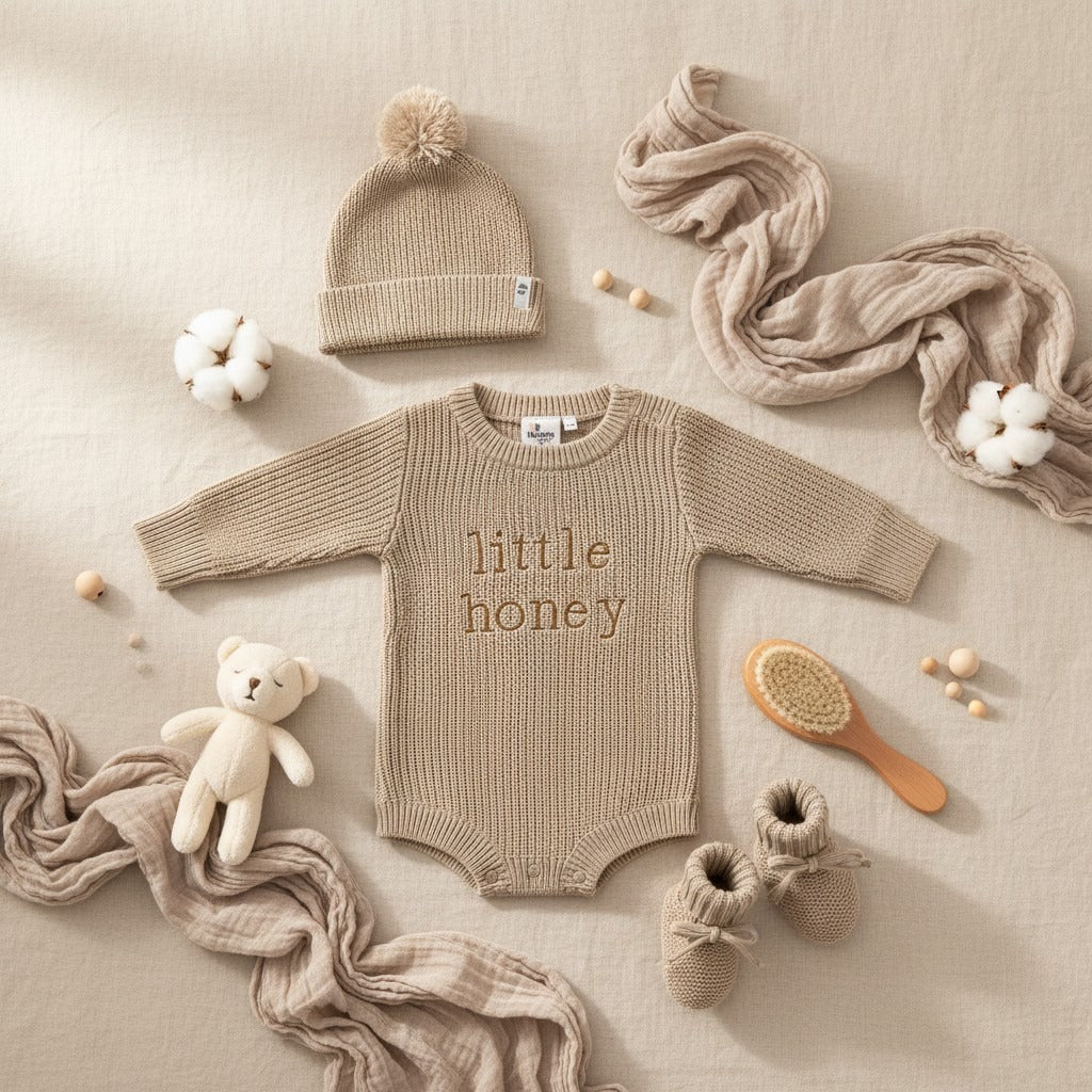 Nuvinokids Bio Baby Set Little Honey Beige met Mutsje en Slofjes