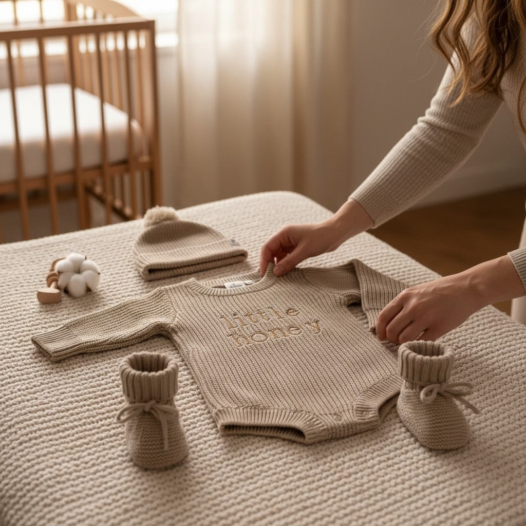 Nuvinokids Bio Baby Set Little Honey Beige met Mutsje en Slofjes