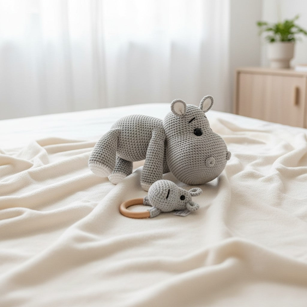 Nuvinokids Handgehaakte Nijlpaard Knuffel & Bijtring Set van 100% Katoen