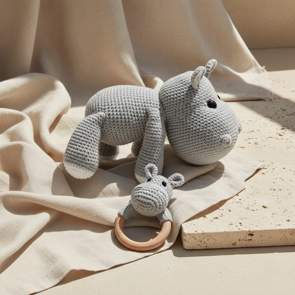 Nuvinokids Handgehaakte Nijlpaard Knuffel & Bijtring Set van 100% Katoen