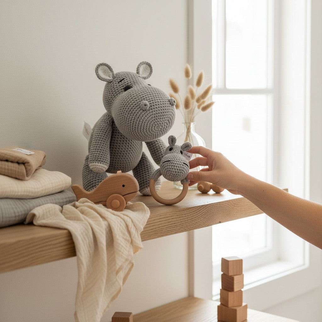 Nuvinokids Handgehaakte Nijlpaard Knuffel & Bijtring Set van 100% Katoen