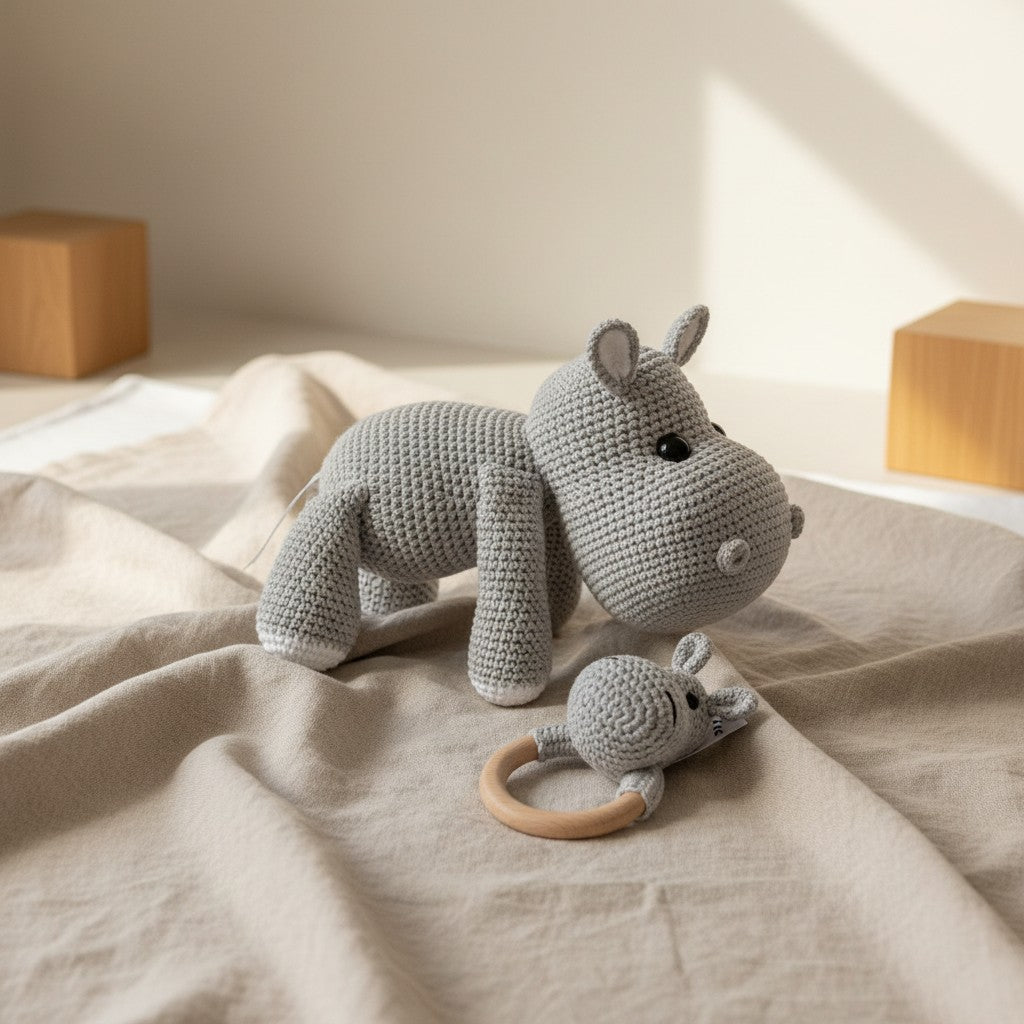 Nuvinokids Handgehaakte Nijlpaard Knuffel & Bijtring Set van 100% Katoen