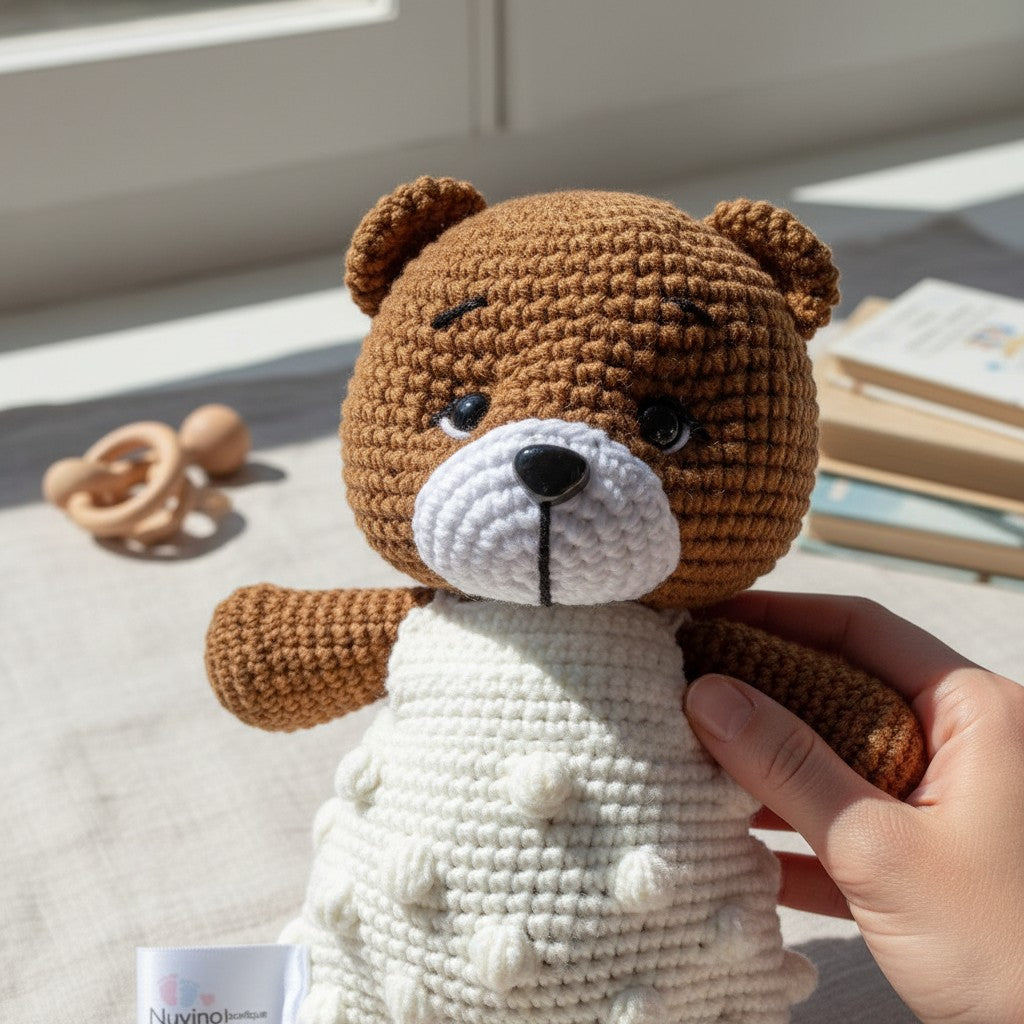 Nuvinokids Handgehaakte Beer Knuffel met Gebreide Tuinbroek van 100% Katoen