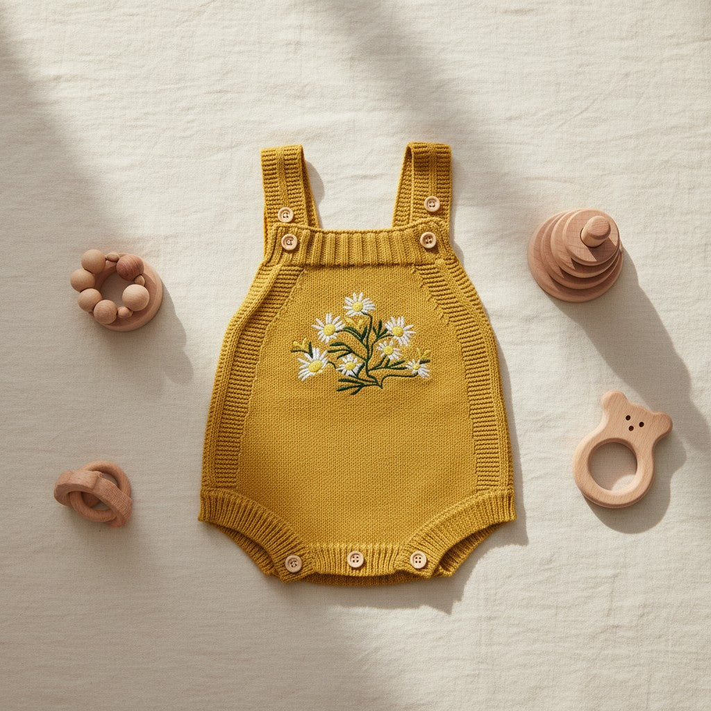 Yellow knitted baby romper with floral embroidery on a light beige surface with wooden toys.