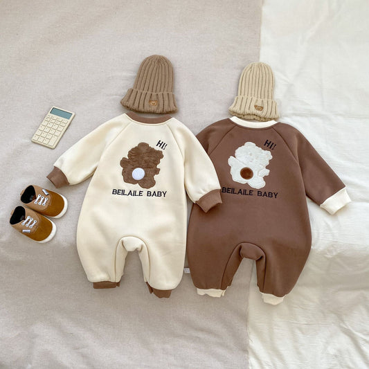 Autumn and Spring Arrival Baby Unisex Simple Teddy Pattern Long Sleeves Cozy Rompers-1