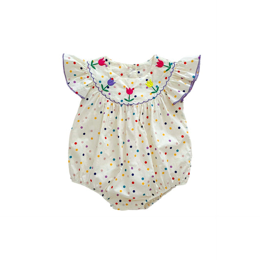 Arrival Summer Baby Girls Colorful Dots Fly Sleeves Floral Embroidery Onesies-1