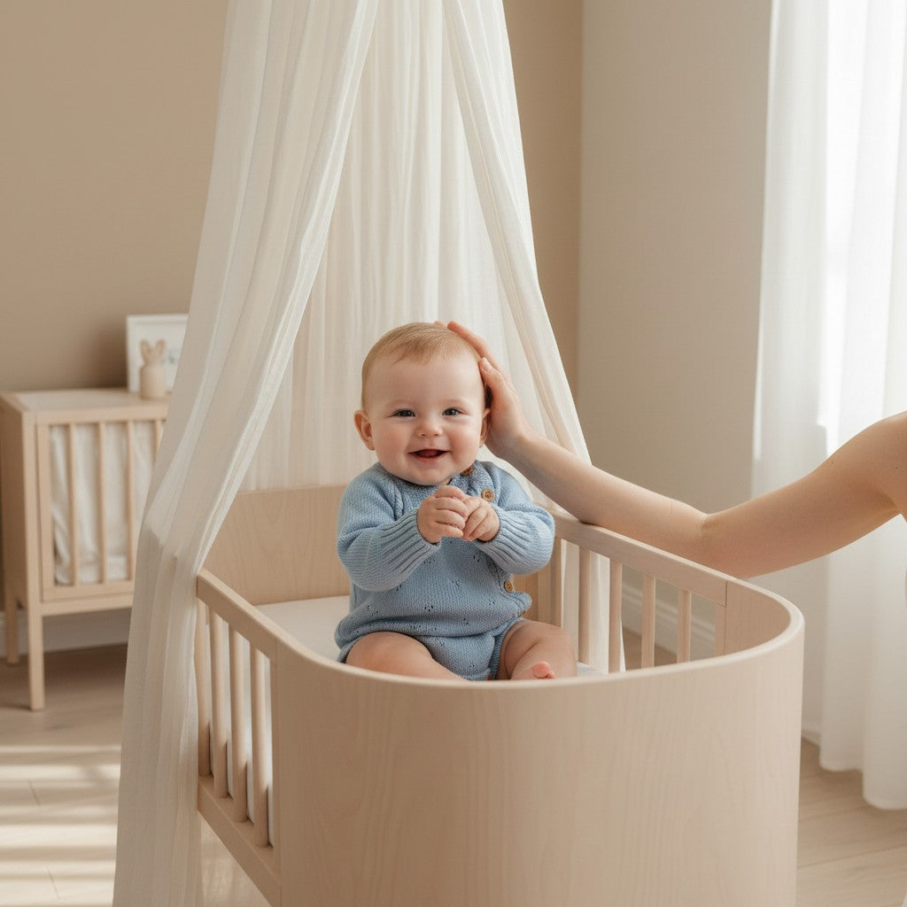 Baby in a crib with a canopy, smiling and being held by an adult in a warm, softly lit room.