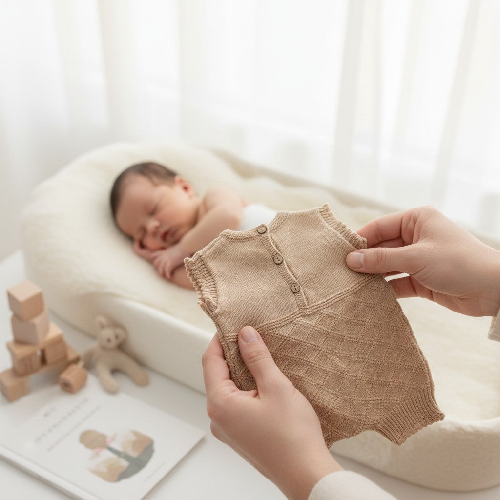 Baby sleeping peacefully with a person holding a baby outfit in a softly lit room.