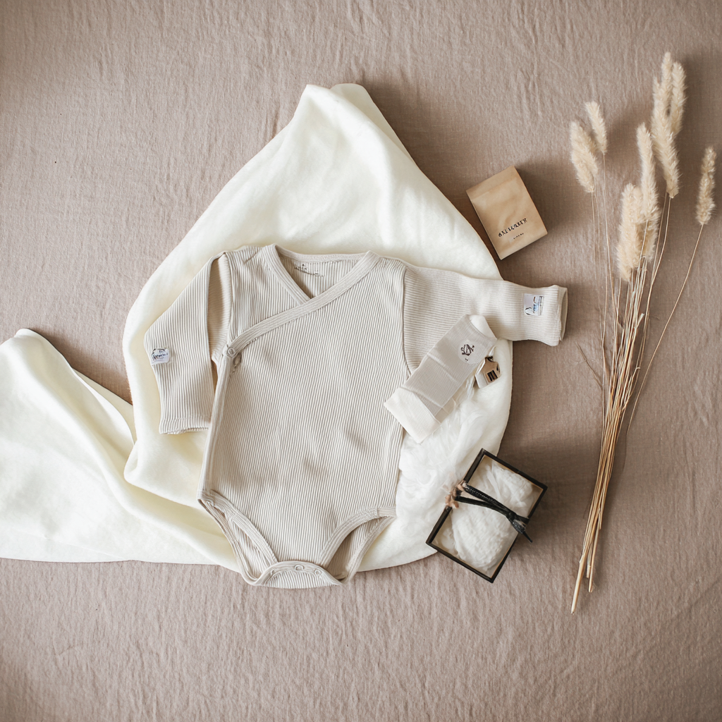 Neutrale baby romper met zachte accessoires en stijlvolle verpakking
