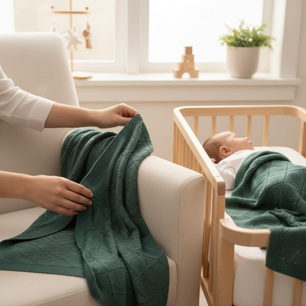 Person adjusting a green blanket on a chair next to a baby in a crib.