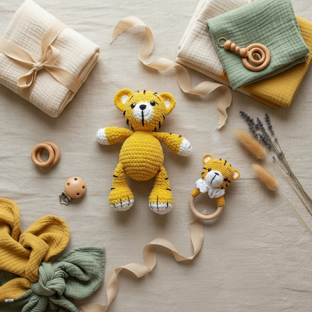 Nuvinokids Handgehaakte Tijger Knuffel & Bijtring Set van 100% Katoen