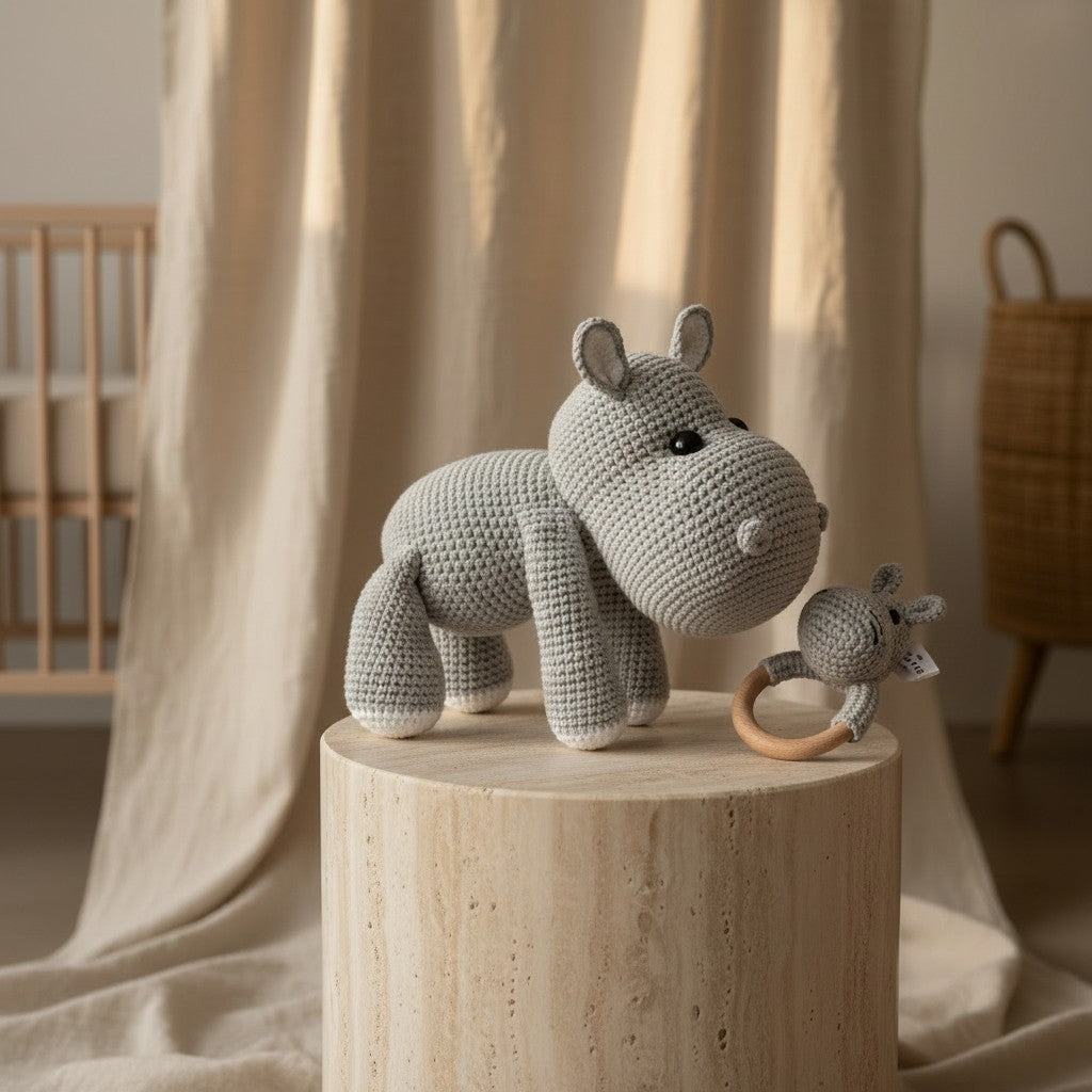 Nuvinokids Handgehaakte Nijlpaard Knuffel & Bijtring Set van 100% Katoen