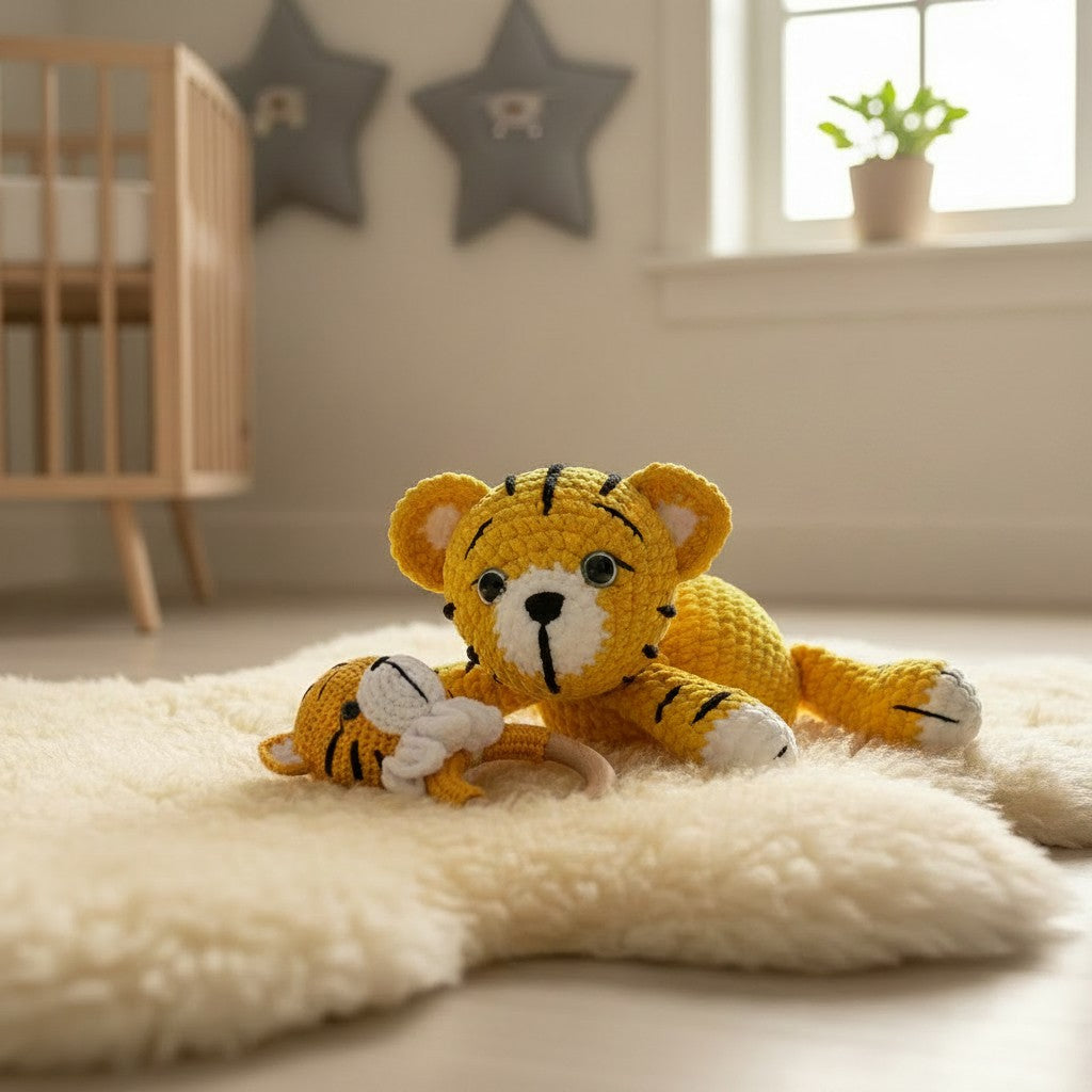 Nuvinokids Handgehaakte Tijger Knuffel & Bijtring Set van 100% Katoen