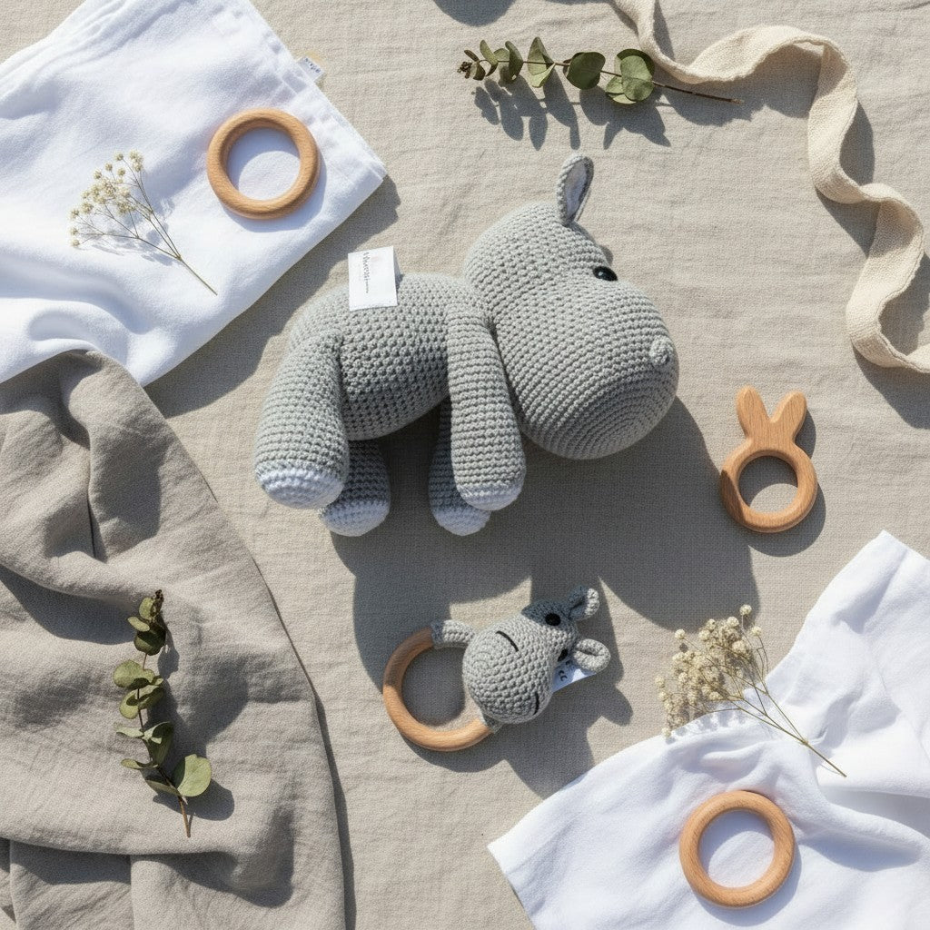 Nuvinokids Handgehaakte Nijlpaard Knuffel & Bijtring Set van 100% Katoen