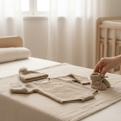 Nuvinokids Bio Baby Set Little Honey Beige met Mutsje en Slofjes