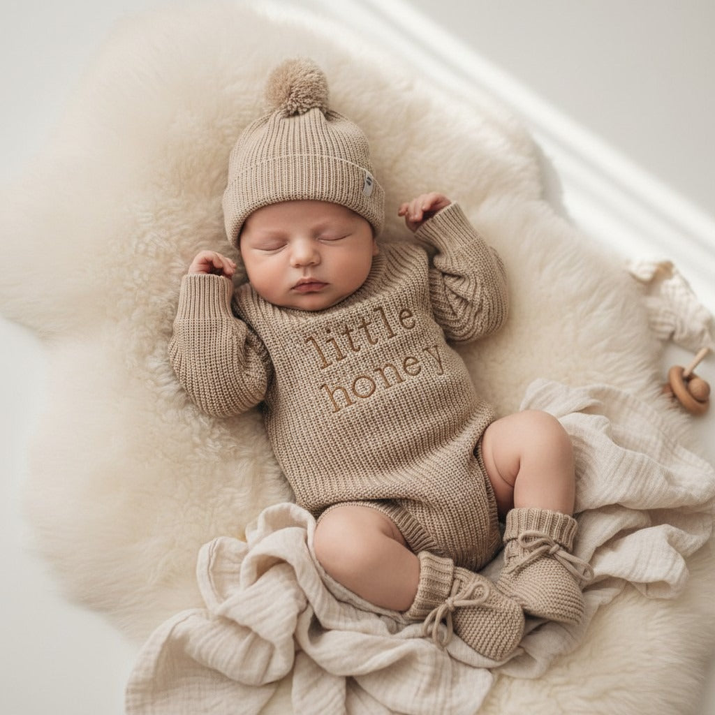Nuvinokids Bio Baby Set Little Honey Beige met Mutsje en Slofjes