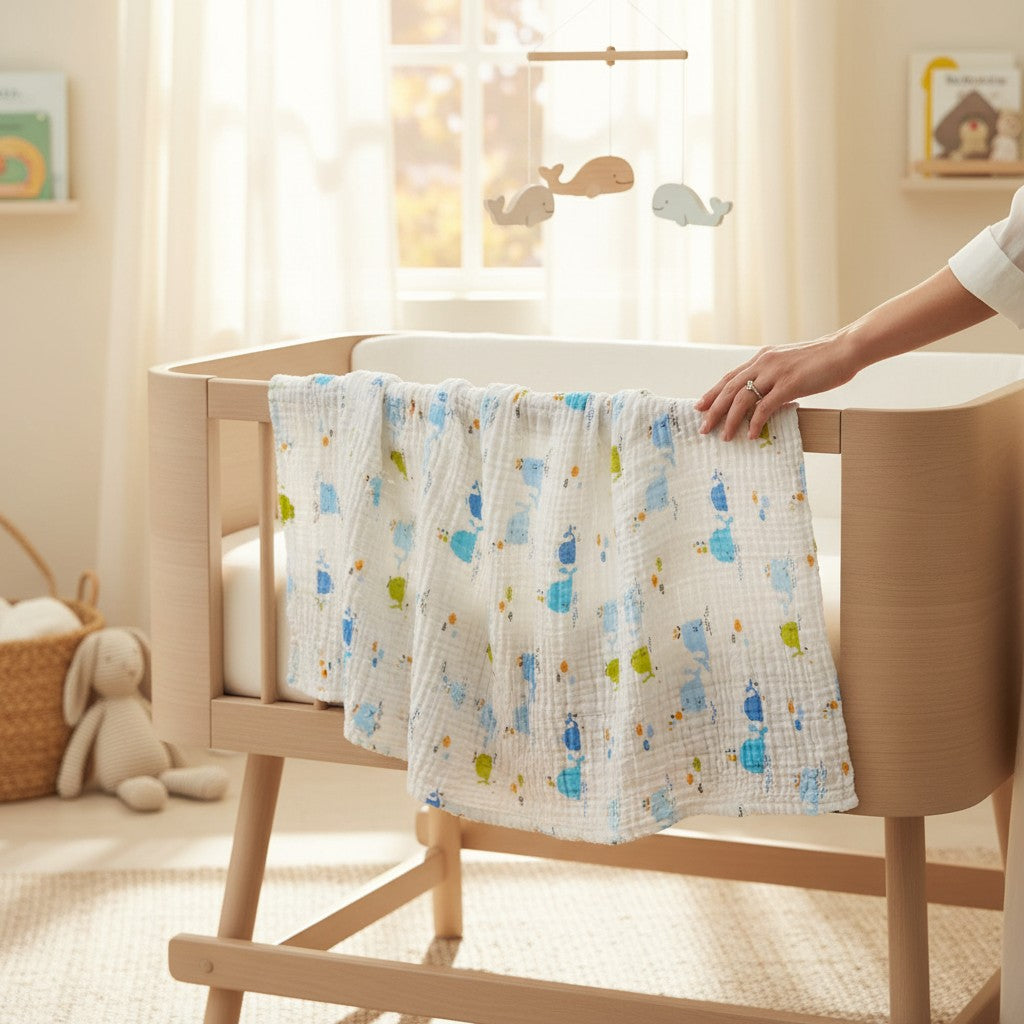 Nuvinokids 6-Laagse Katoenen Babydeken Blue Whales