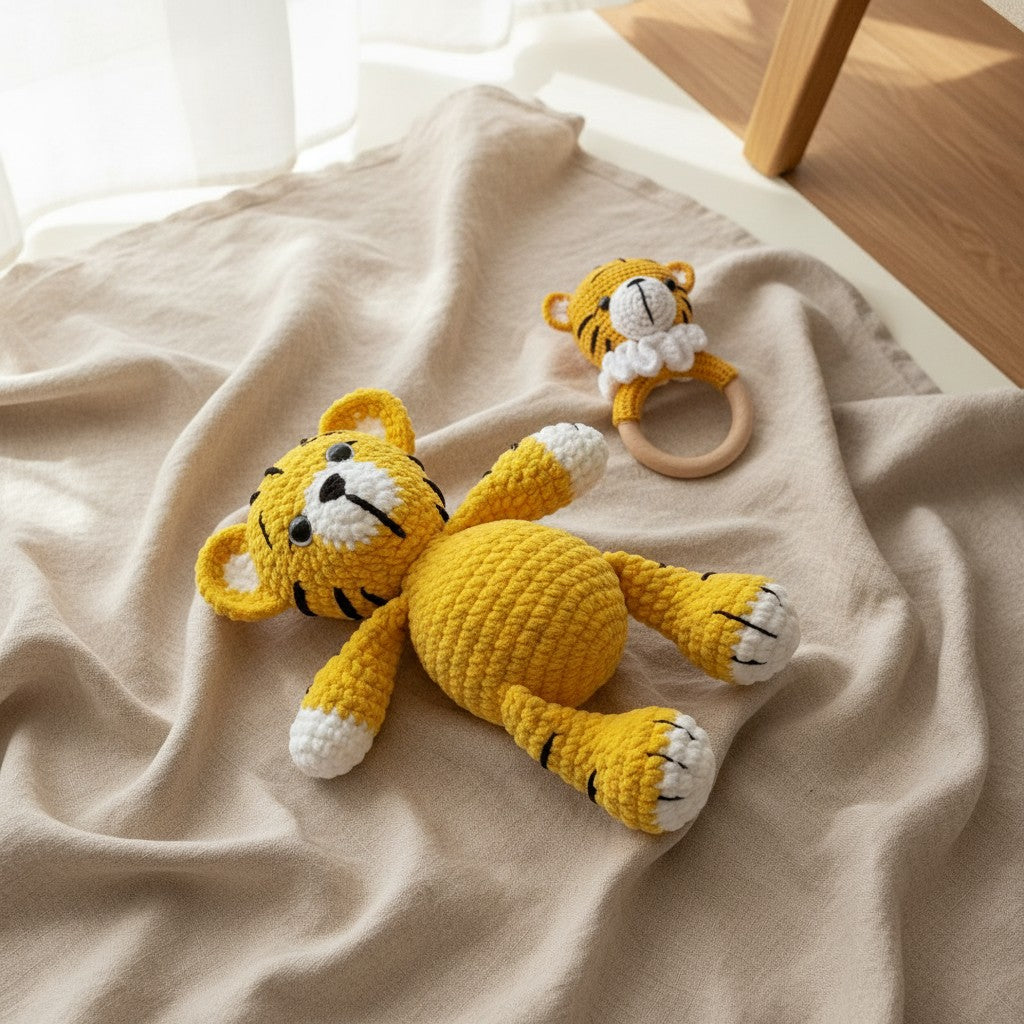 Nuvinokids Handgehaakte Tijger Knuffel & Bijtring Set van 100% Katoen