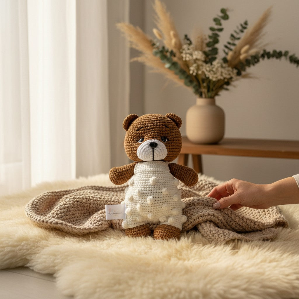 Nuvinokids Handgehaakte Beer Knuffel met Gebreide Tuinbroek van 100% Katoen