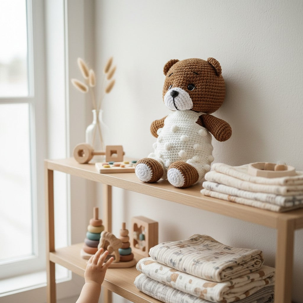 Nuvinokids Handgehaakte Beer Knuffel met Gebreide Tuinbroek van 100% Katoen