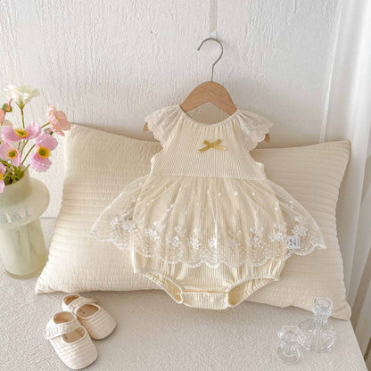 Summer Arrival Baby Girls Cute Apricot Fly Sleeves Flowers Pattern Tulle Patchwork Onesies-2