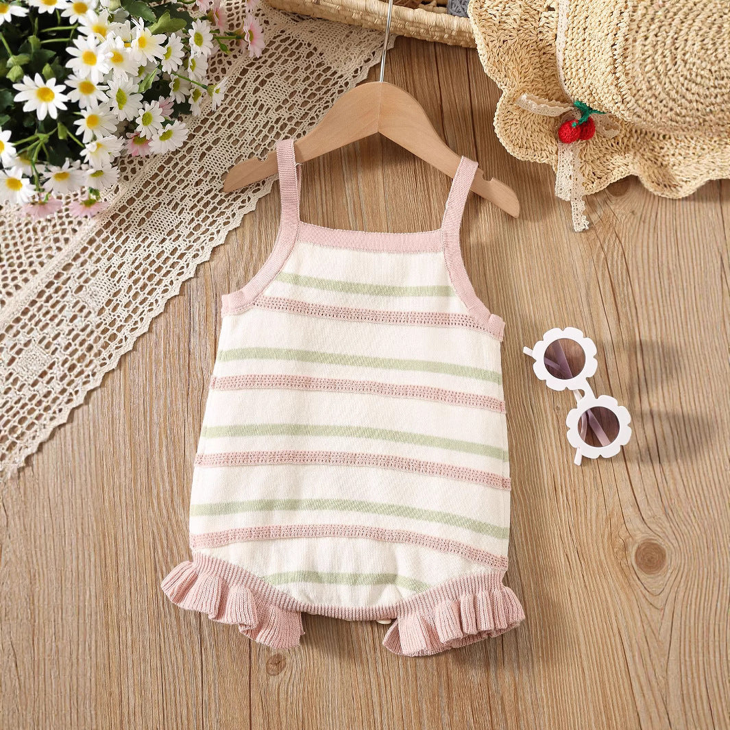 Summer Arrival Baby Girls Cute Thin Striped Pattern Sleeveless Strap Onesies-2