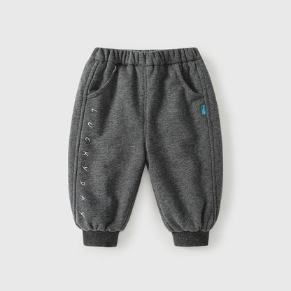 Winter Arrival Casual Baby Kids Boys Letters Embroidered Pattern Fleece-lined Pants-0