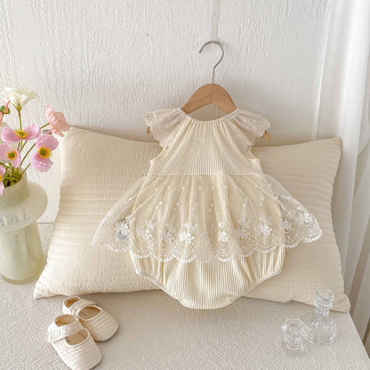 Summer Arrival Baby Girls Cute Apricot Fly Sleeves Flowers Pattern Tulle Patchwork Onesies-4