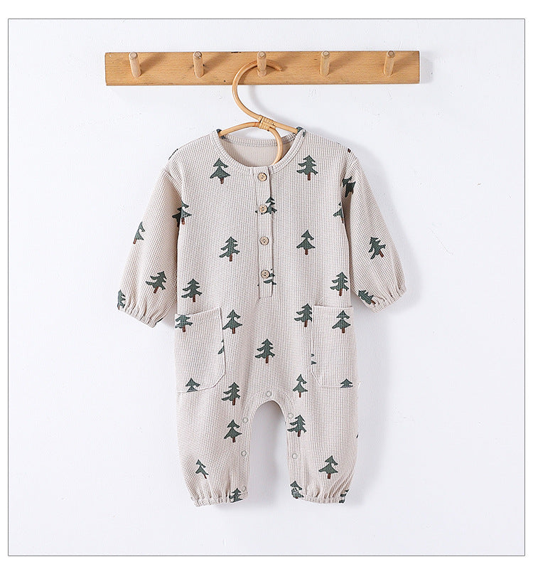 Spring Arrival Baby Unisex Long Sleeves Waffle Grid and Simple Pattern Rompers-6