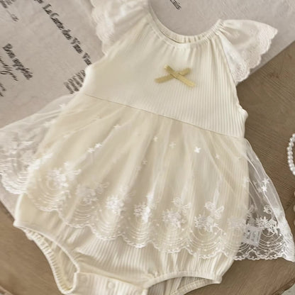 Summer Arrival Baby Girls Cute Apricot Fly Sleeves Flowers Pattern Tulle Patchwork Onesies-1