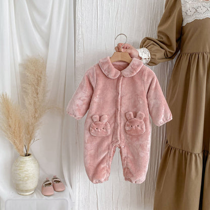 Winter Arrival Baby Girls Cute Rabbits Pattern Warm Double-sided Fleece Rompers-3