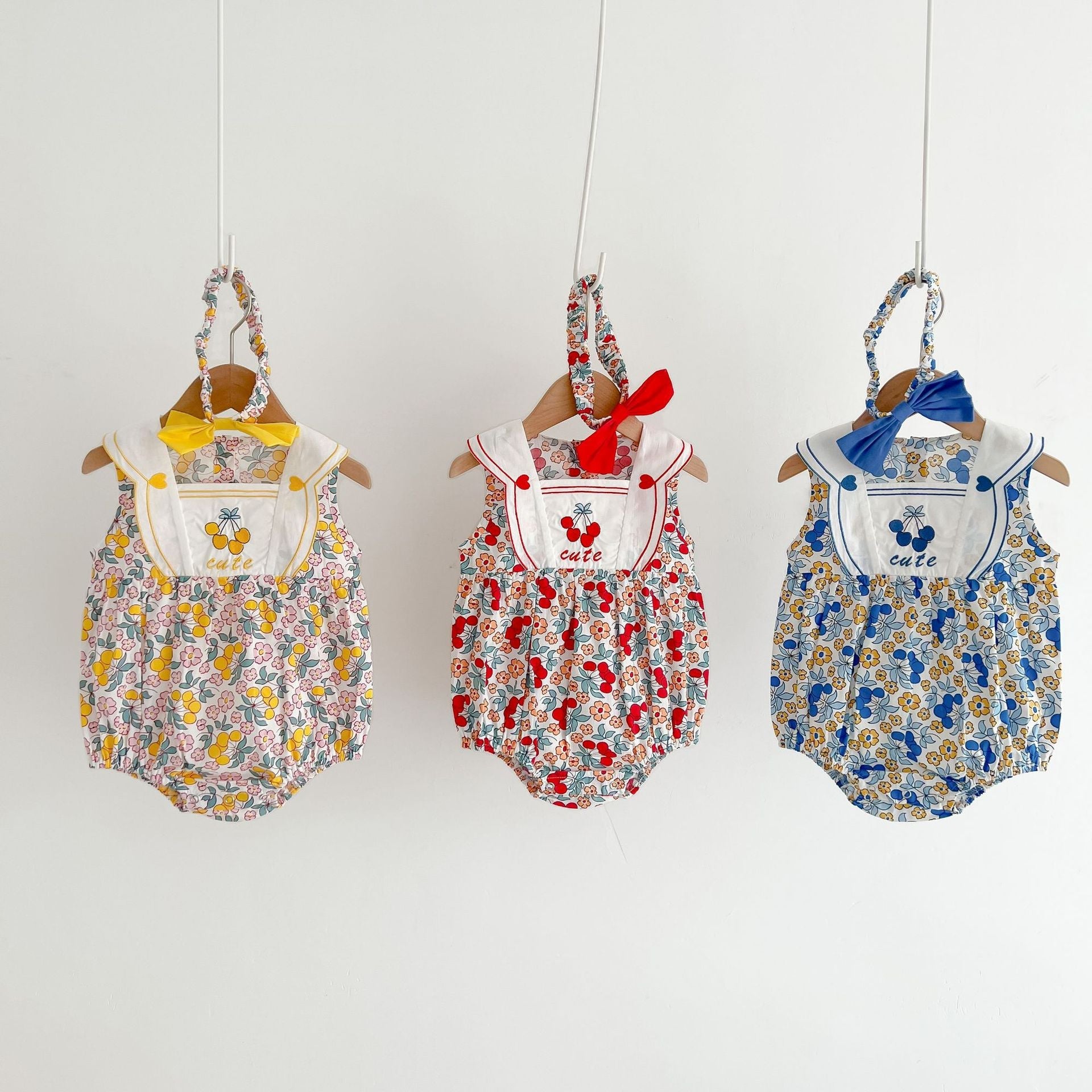 Baby Girl Floral Print Pattern With Headband Sleeveless Onesie-2