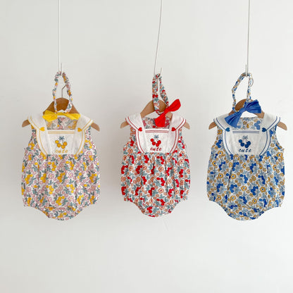 Baby Girl Floral Print Pattern With Headband Sleeveless Onesie-2