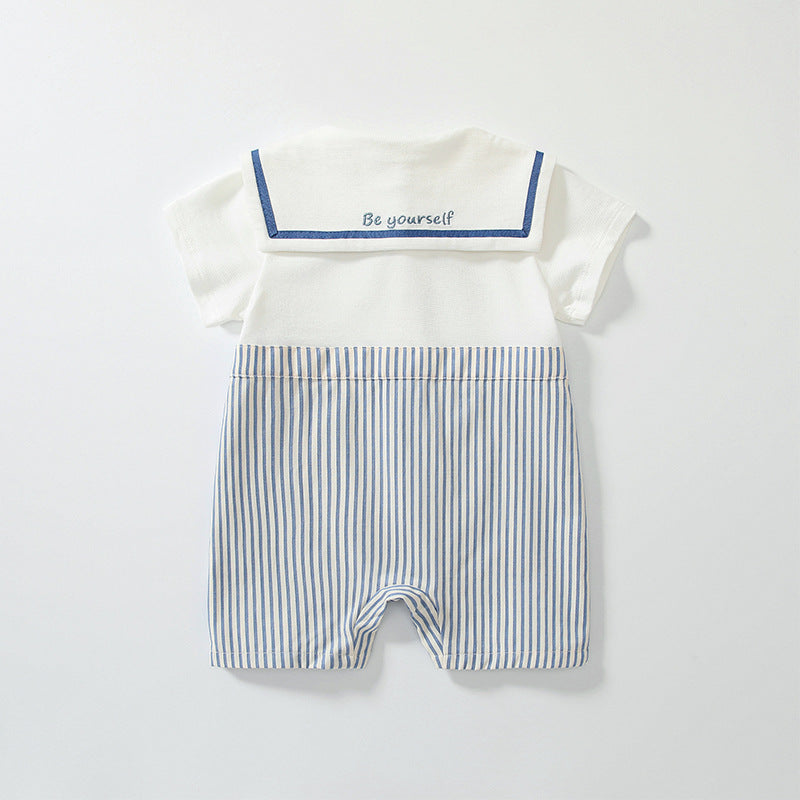 Summer Arrival Baby Boys Short Sleeves Cute Striped Pattern Navy Style Rompers-1