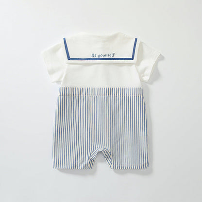 Summer Arrival Baby Boys Short Sleeves Cute Striped Pattern Navy Style Rompers-1