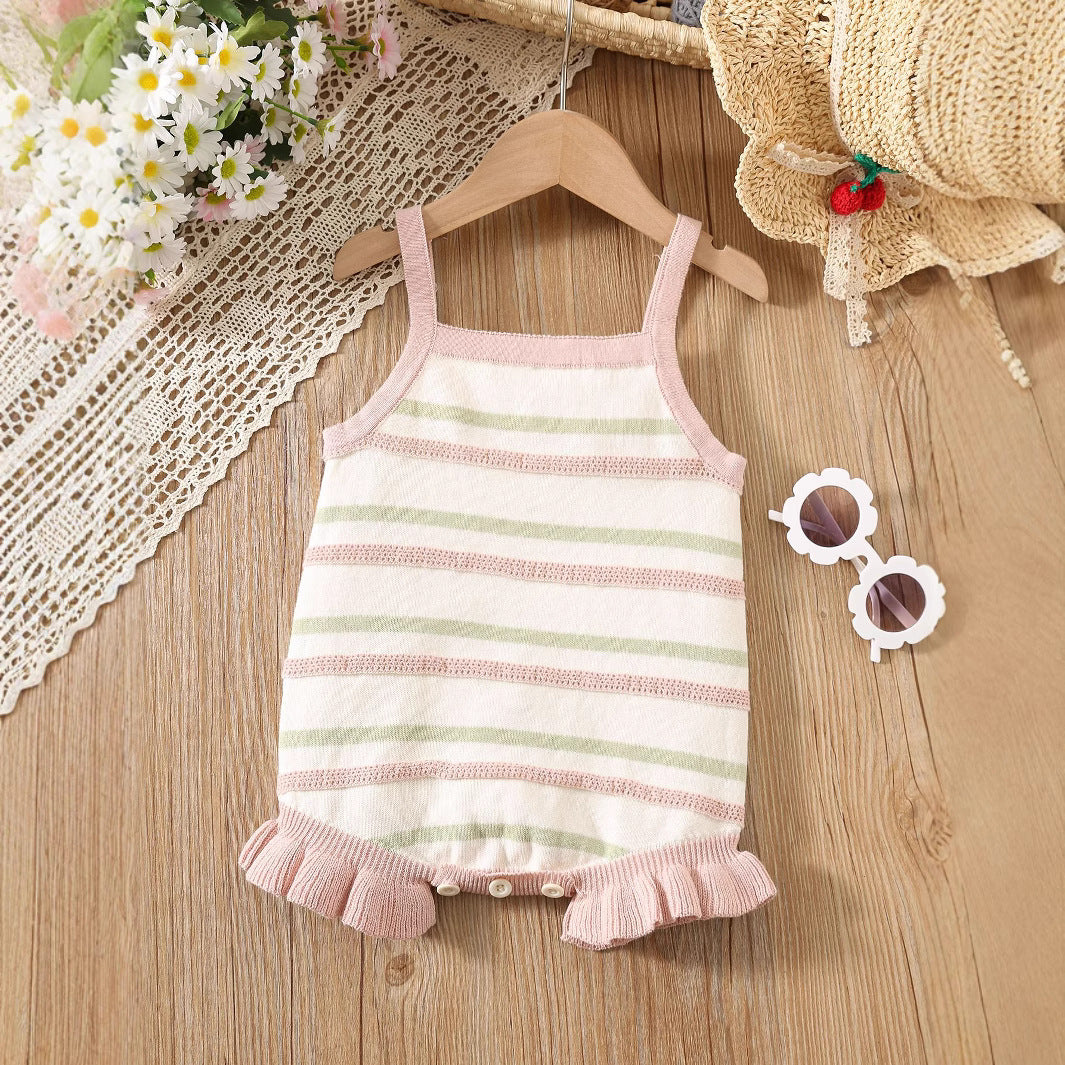 Summer Arrival Baby Girls Cute Thin Striped Pattern Sleeveless Strap Onesies-3