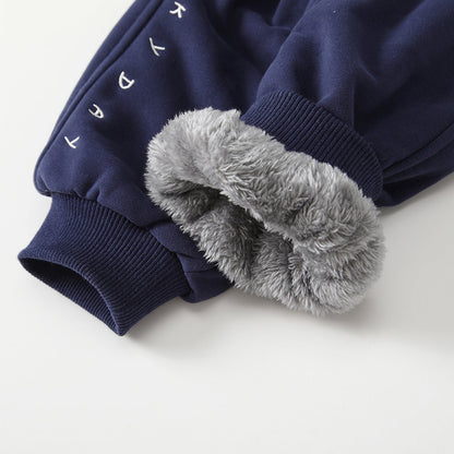 Winter Arrival Casual Baby Kids Boys Letters Embroidered Pattern Fleece-lined Pants-3