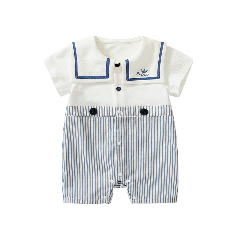 Summer Arrival Baby Boys Short Sleeves Cute Striped Pattern Navy Style Rompers-4