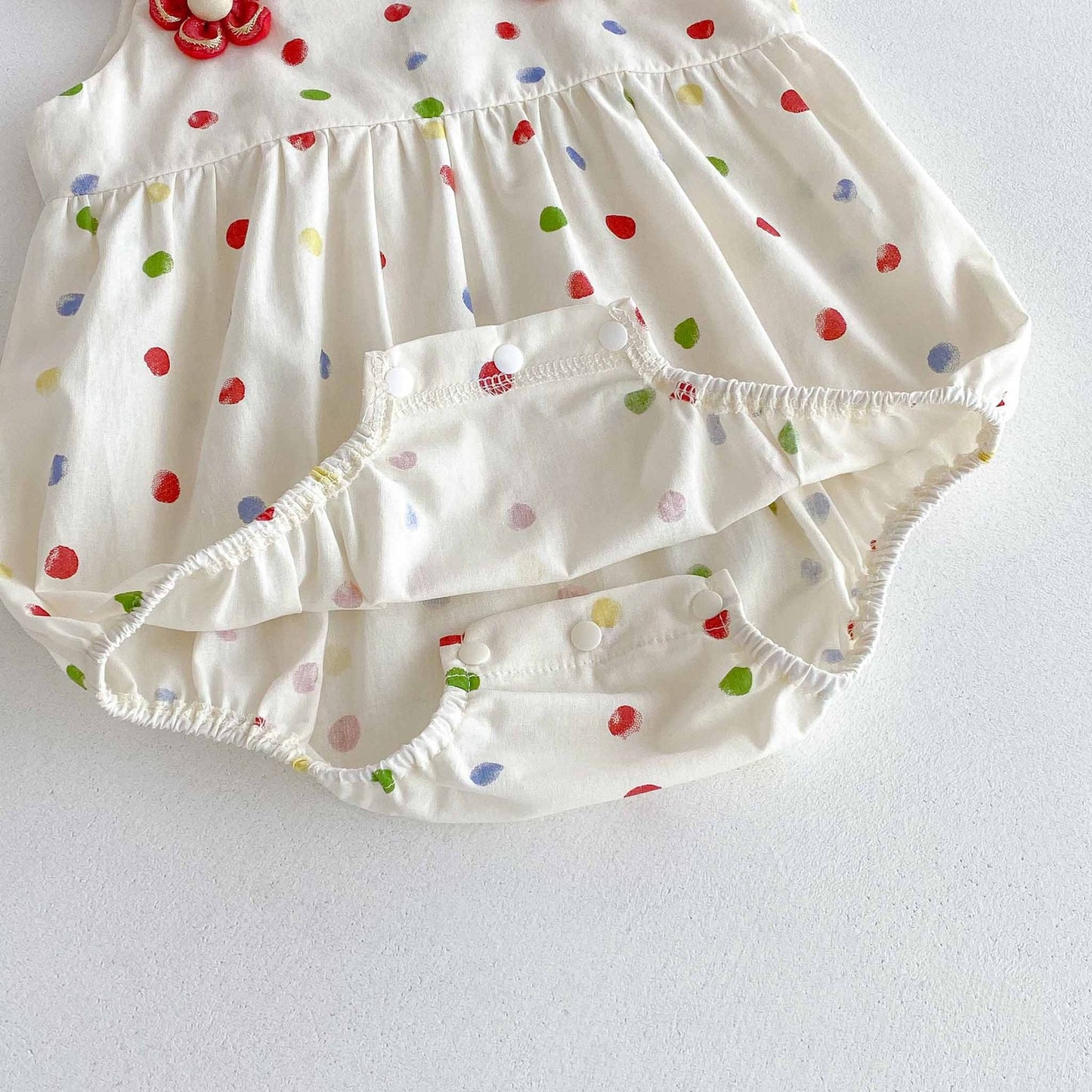 Summer Arrival Baby Girls Cute Sleeveless Colorful Dots Pattern Strap Onesies-4