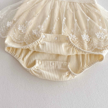Summer Arrival Baby Girls Cute Apricot Fly Sleeves Flowers Pattern Tulle Patchwork Onesies-3