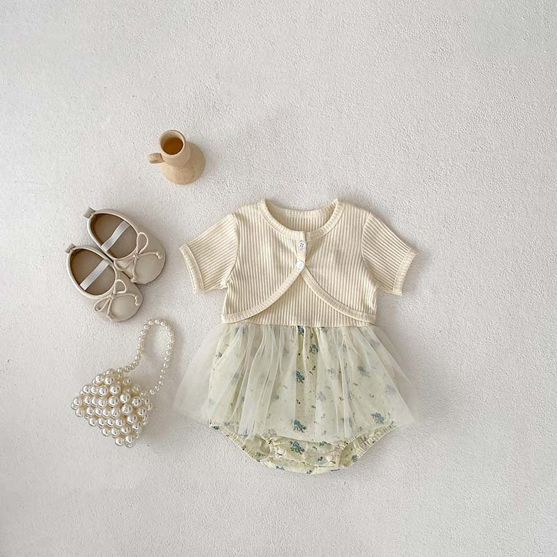 Arrival Summer Baby Kids Girls Solid Color Short Sleeves Cardigan And Sleeveless Strap Tulle Onesies – Sister Matching Set-2