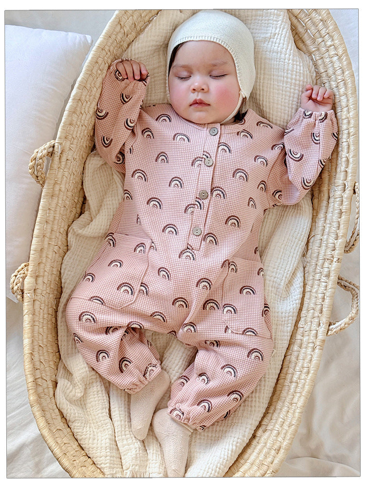 Spring Arrival Baby Unisex Long Sleeves Waffle Grid and Simple Pattern Rompers-1