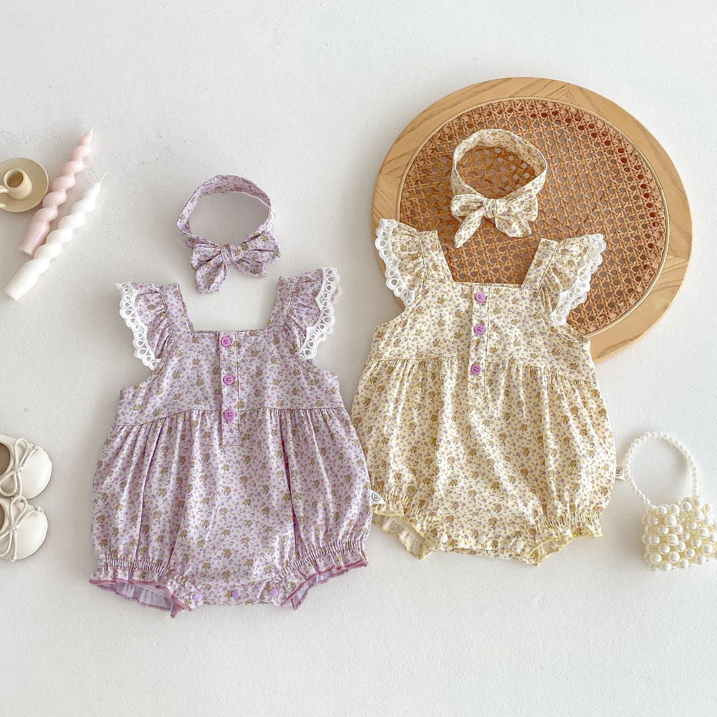 Summer Arrival Baby Girls Cute Floral Pattern Fly Sleeves Onesies-0